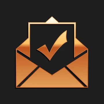 Gold Envelope with document and check mark icon isolated on black background Illustrazione stock