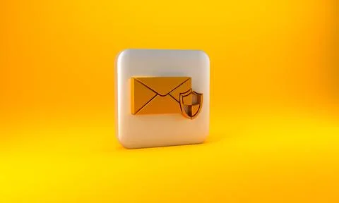 Gold Envelope with shield icon isolated on yellow background. Insurance concept Stock Illustration