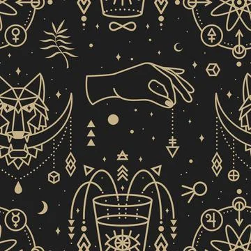 Gold esoteric seamless pattern, background. Vector Thin line geometric pattern Stock Illustration