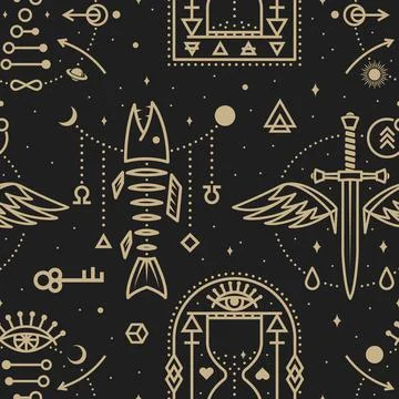 Gold esoteric seamless pattern, background. Vector Thin line geometric pattern Stock Illustration