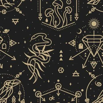 Gold esoteric seamless pattern, background. Vector Thin line geometric pattern Stock Illustration