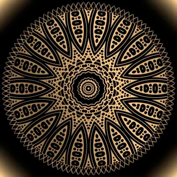 Gold ethnic mandala pattern. Round floral ornament with circle zig zag frame. Illustrazione stock