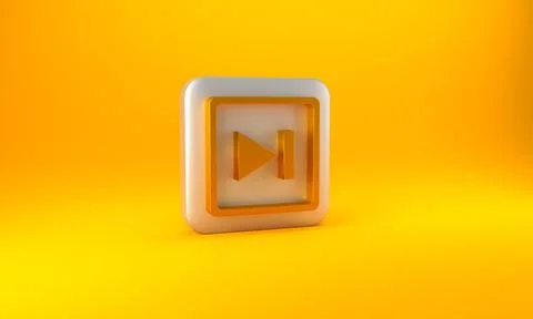 Gold Fast forward icon isolated on yellow background. Silver square button. 3D Illustrazione stock