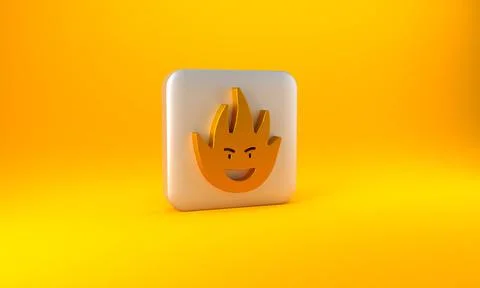 Gold Fire flame icon isolated on yellow background. Silver square button. 3D  Illustrazione stock