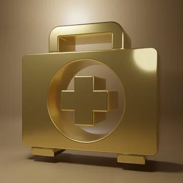 Gold First aid kit icon isolated on brown background. Medical box with cros.. Stock Illustration