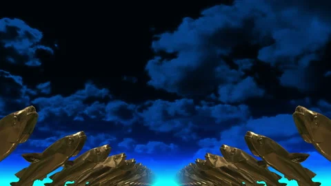 Gold fish. 3D. Sculptures in rows in perspective against a blue sky. Stock Footage 152518376