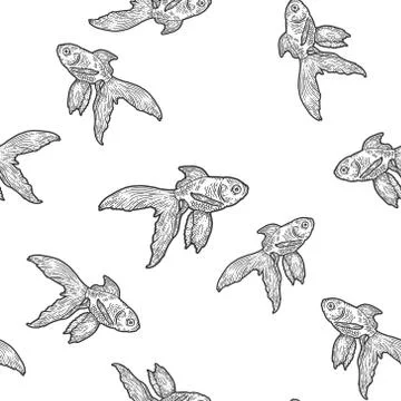 Gold fish. Seamless set. Scratch board imitation. Black and white hand drawn Stock Illustration