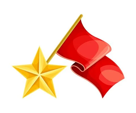 Gold five pointed star and red flag. May 9 Russian holiday victory sign vector Ilustración de archivo
