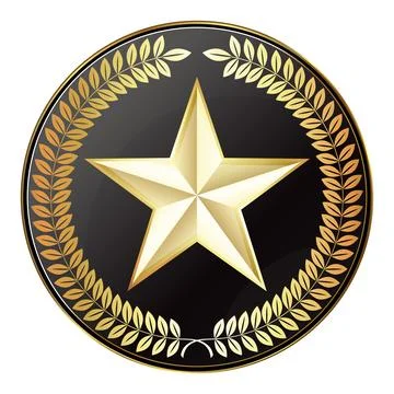 Gold five-pointed star in a black circle with a laurel wreath Stock Illustration