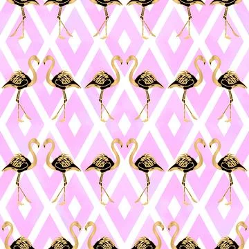 Gold Flamingo Seamless Pattern Vector with Pink Geometric Rhombus Shapes Illustrazione stock