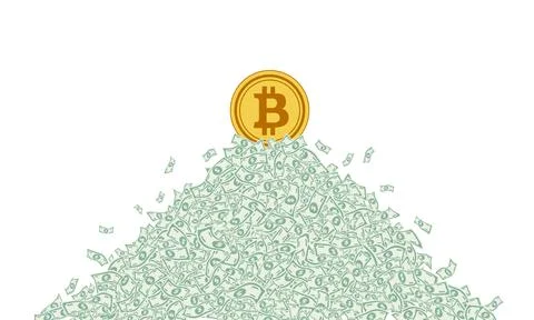 Gold flat coin of virtual digital crypto currency bitcoin standing on top of a Stock Illustration
