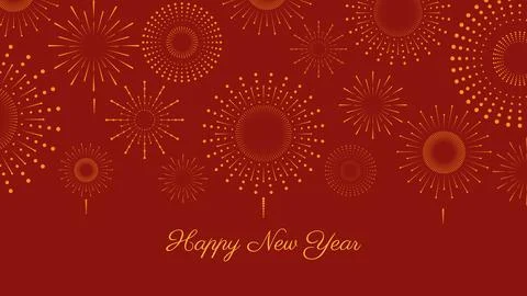 Gold flat fireworks design on red background, vector illustration Stock Illustration