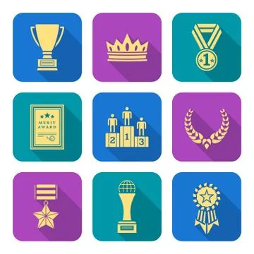 Gold flat style colored various awards symbols icons collection. Stock Illustration