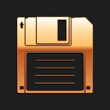 Gold Floppy disk for computer data storage icon isolated on black background Stock Illustration