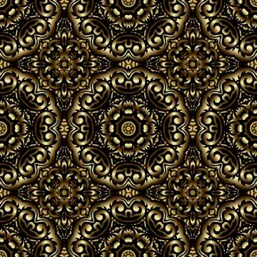Gold floral 3d seamless pattern. Vector ornamental golden mandalas background Stock Illustration