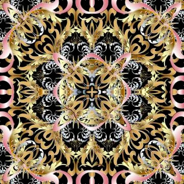 Gold floral 3d seamless pattern. Ornamental luxury background. Repeat ornate  Illustrazione stock