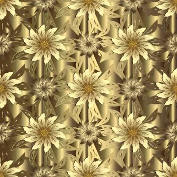 Gold floral 3d vector seamless pattern. Textured relief drapery gold backgrou Stock Illustration