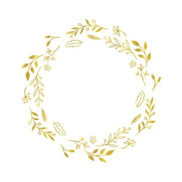 Gold floral circle frame. Vector golden floral leaf wreath border. Wedding round Illustrazione stock