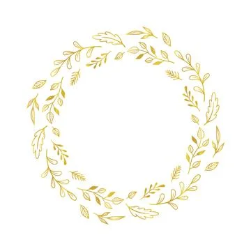 Gold floral circle frame. Vector golden floral leaf wreath border. Wedding round Illustrazione stock