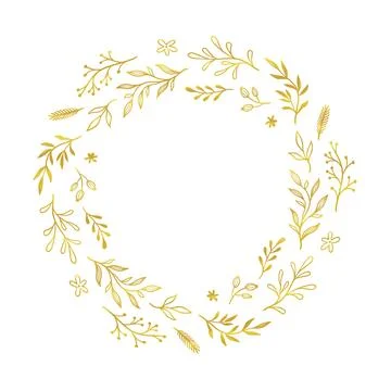 Gold floral circle frame. Vector golden floral leaf wreath border. Wedding round Stock Illustration
