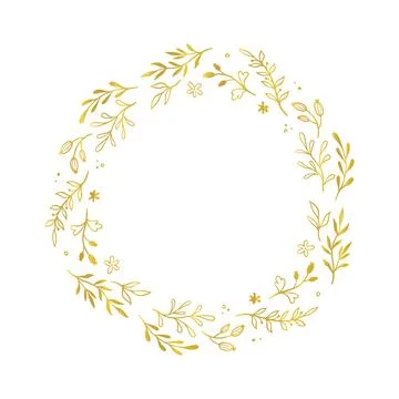 Gold floral circle frame. Vector golden floral leaf wreath border. Wedding round Stock Illustration