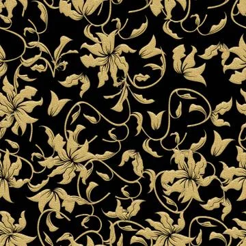 Gold floral pattern on black background. Seamless yellow flowers. - illustration Stock Illustration