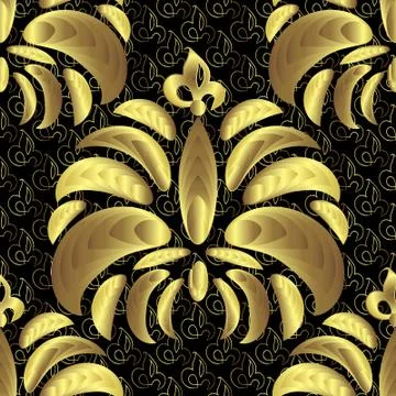 Gold floral pattern on a black background, golden seamless wallpaper Stock Illustration