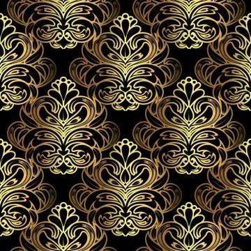 Gold floral pattern on a black background, golden seamless wallpaper.Vector Stock Illustration