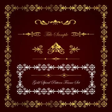 Gold flower spiral pattern frame and border set Stock Illustration