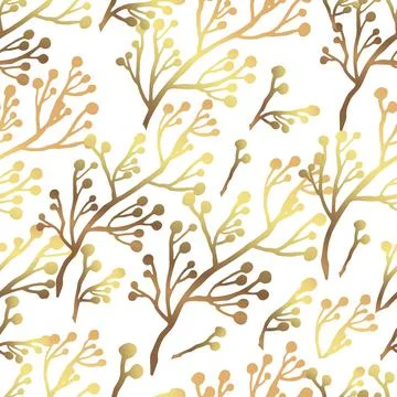 Gold flowers pattern. Seamless background with golden branches. White backgro Stock Illustration