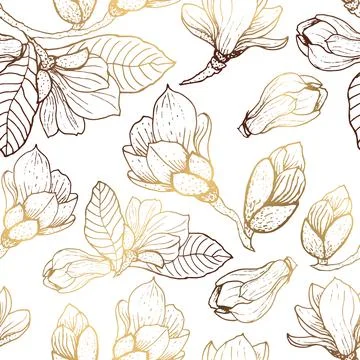 Gold flowers pattern. Seamless pattern with golden magnolia flowers. White ba Stock Illustration