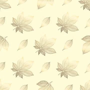 Gold flowers pattern. Seamless pattern with golden chestnut leaves on a beige Stock Illustration
