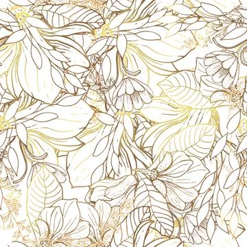 Gold flowers pattern. Seamless pattern with golden magnolia flowers. White ba Stock Illustration