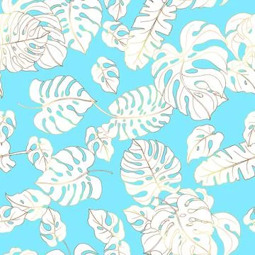 Gold flowers pattern. Seamless pattern with golden tropical leaves on a blue  Stock Illustration