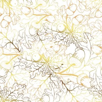 Gold flowers pattern. Seamless pattern with golden acorns and oak flakes. White Illustrazione stock