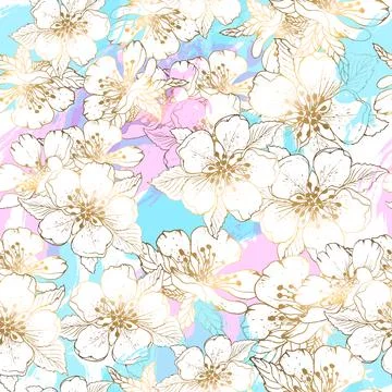 Gold flowers pattern. Seamless pattern with gold flowers on a blue and pink Stock Illustration