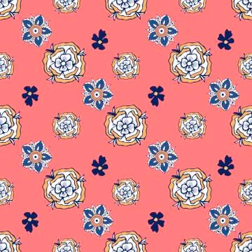 Gold flowers pattern. style on red coral background. Spring collection for fa Stock Illustration