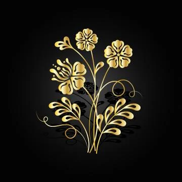 Gold flowers with shadow on dark background. Stock Illustration