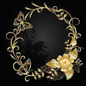 Gold flowers with shadow on dark background. Stock Illustration