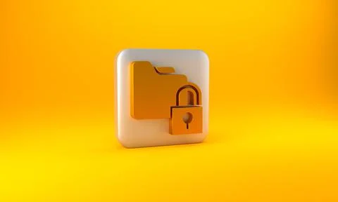 Gold Folder and lock icon isolated on yellow background. Closed folder and Illustrazione stock