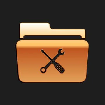 Gold Folder and tools or settings icon isolated on black background. Folder with 스톡 일러스트