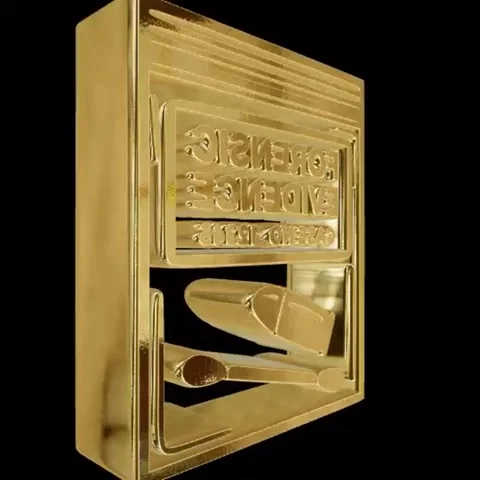 Gold forensic evidence bag pin with bullet symbol a close up view of golden Vídeos de archivo 342168177