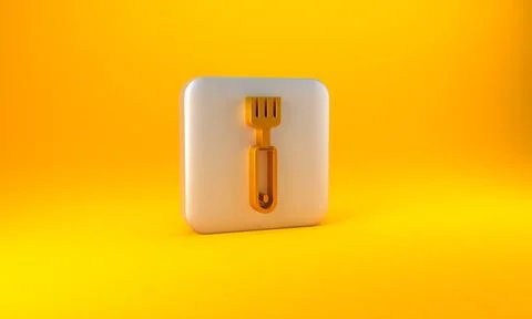 Gold Fork icon isolated on yellow background. Cutlery symbol. Silver square b Stock Illustration