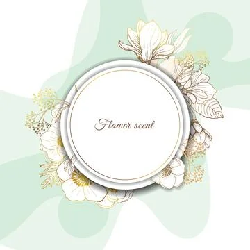 Gold frame. 3D paper cut. Leaves and flowers from golden threads. Pastel shad Stock Illustration