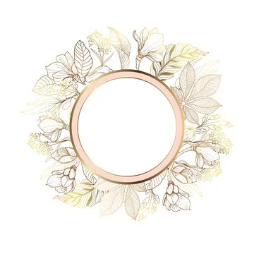 Gold frame. 3D paper cut. Leaves and flowers from golden threads. White backg Stock Illustration