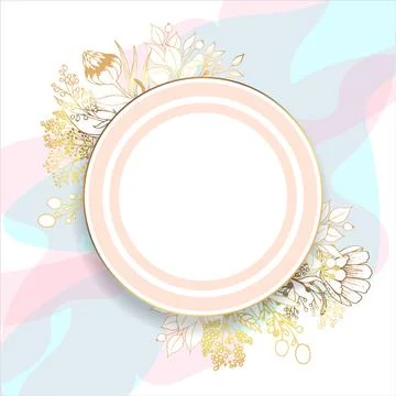 Gold frame. 3D paper cut. Leaves and flowers from golden threads. Pastel pink Stock Illustration