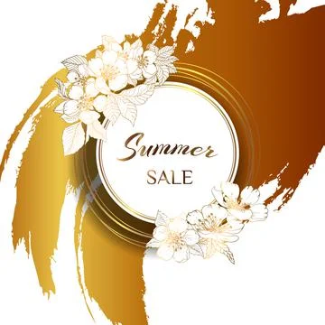 Gold frame. 3d paper cut summer season sale offer banner template. Leaves and Stock Illustration