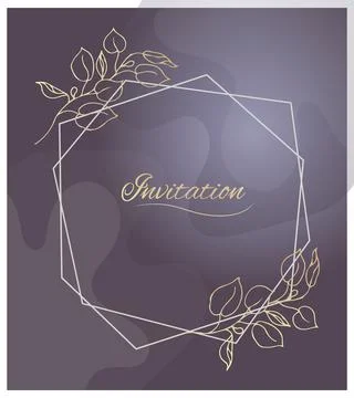 Gold frame. Abstract six-angle. The background is lilac with watercolor spots Stock Illustration
