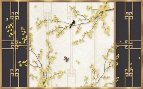 Gold frame, beige background, thin branches with abstract yellow leaves Stock Illustration