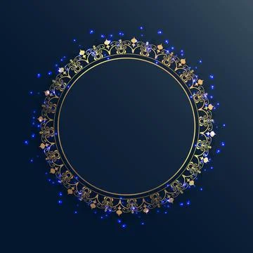 Gold frame on a dark background. Circle in gold ornament on a dark blue backg Stock Illustration
